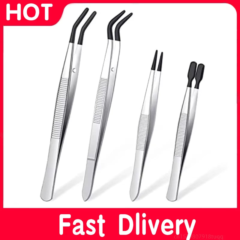 4 Pieces Tweezers Set with Rubber Tips 
