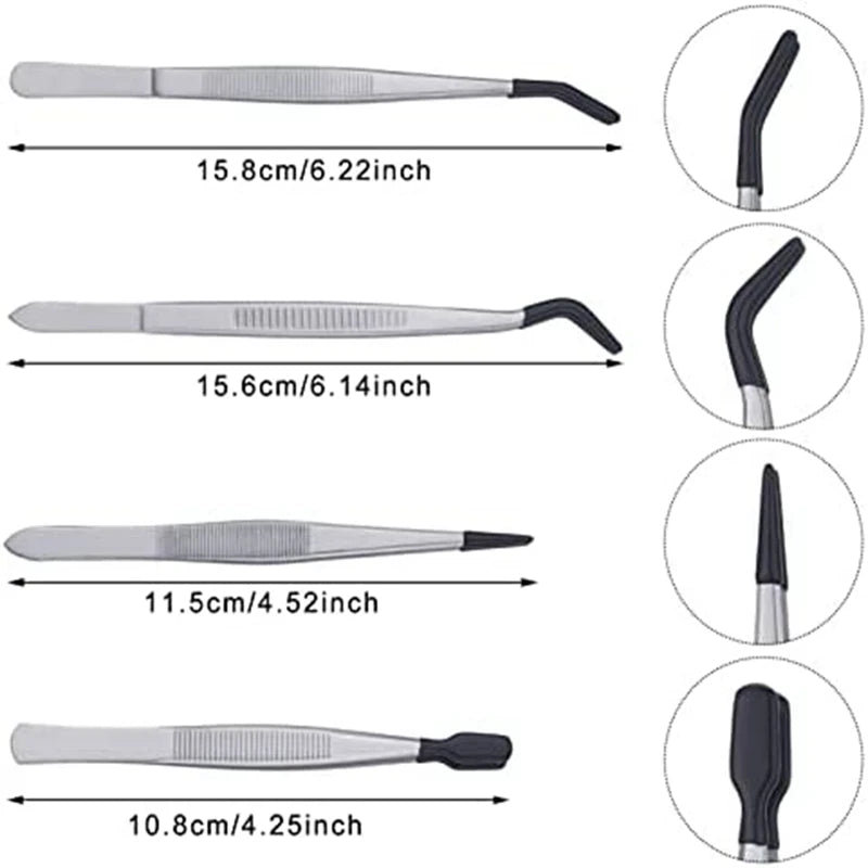 4 Pieces Tweezers Set with Rubber Tips 