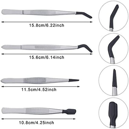 4 Pieces Tweezers Set with Rubber Tips 