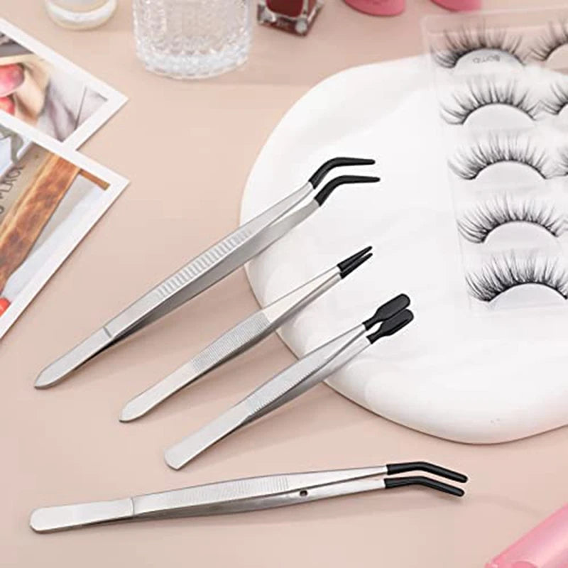 4 Pieces Tweezers Set with Rubber Tips 